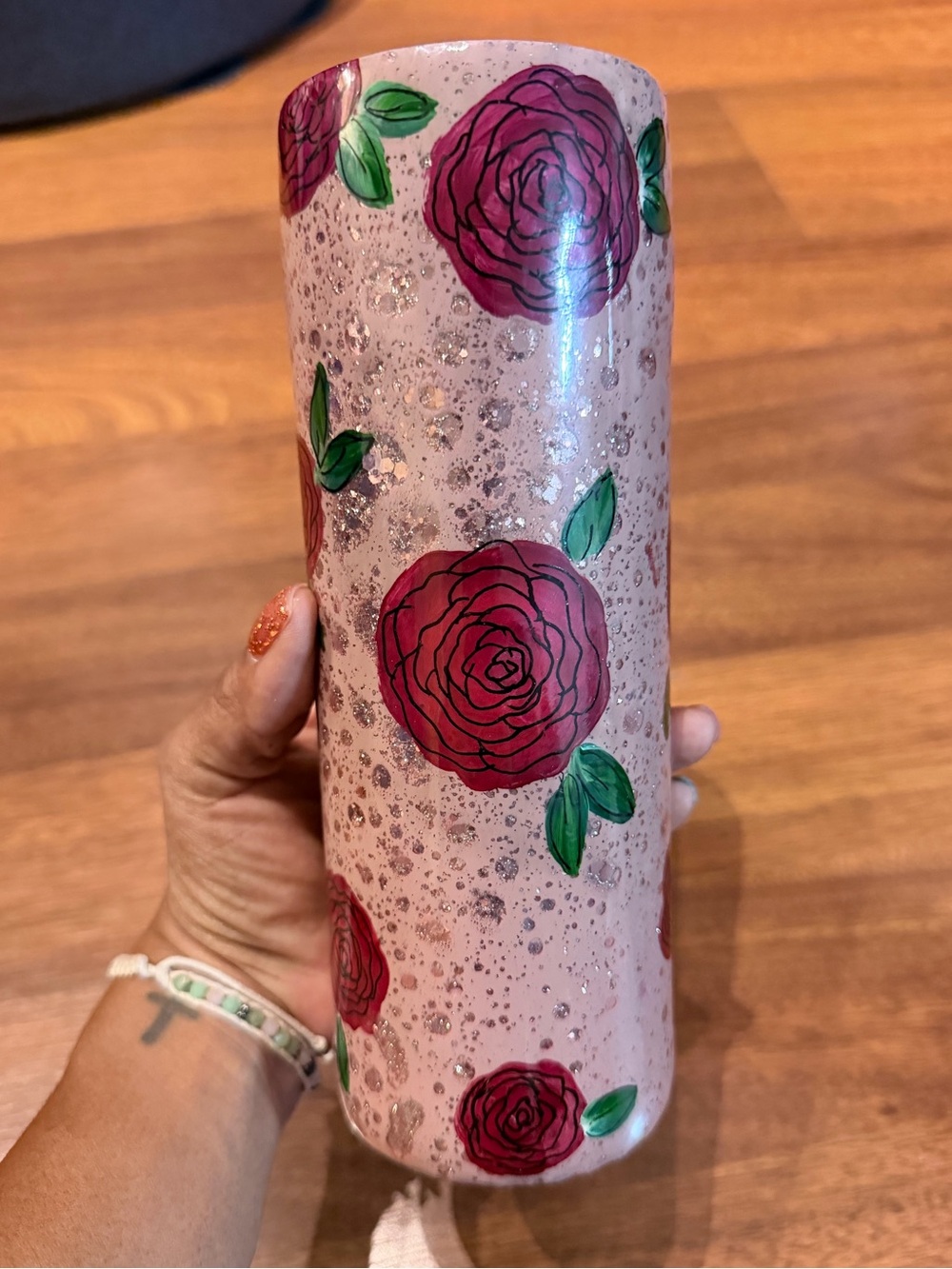 Handmade Pink Glitter Rose Floral Skinny Tumbler With Lid - Brand New -